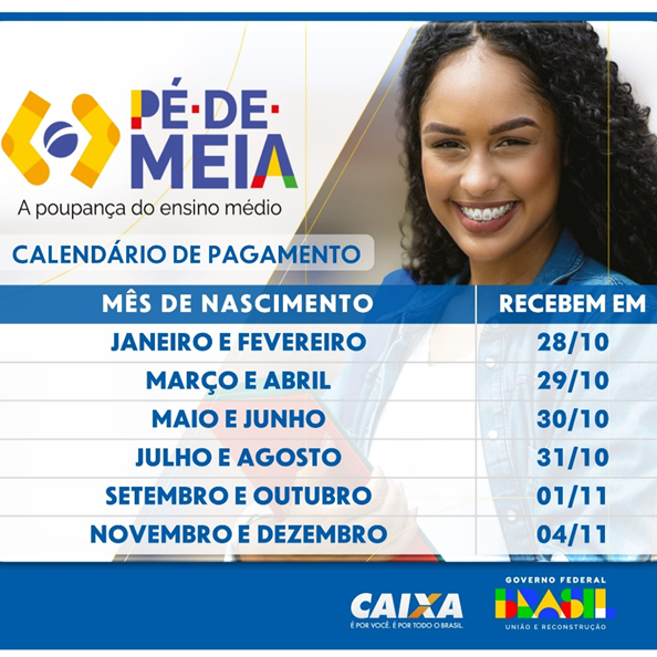 Calendário de pagamento do Programa Pé-de-Meia do Governo Federal. CRÉDITO: Divulgação